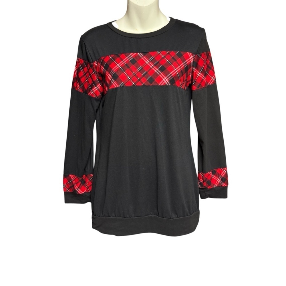 Acting Pro size small Black Top with Red Plaid Accents long sleeve crew neck